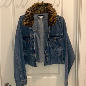 Forever 21 Blue Denim Jacket with Leopard Faux-Fur Collar